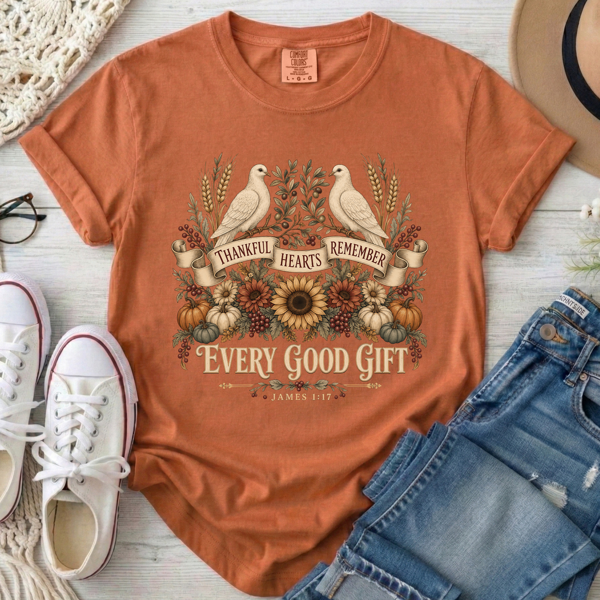 Thankful Hearts Remember Every Good Gift Christian Comfort Colors T-Shirt in Yam