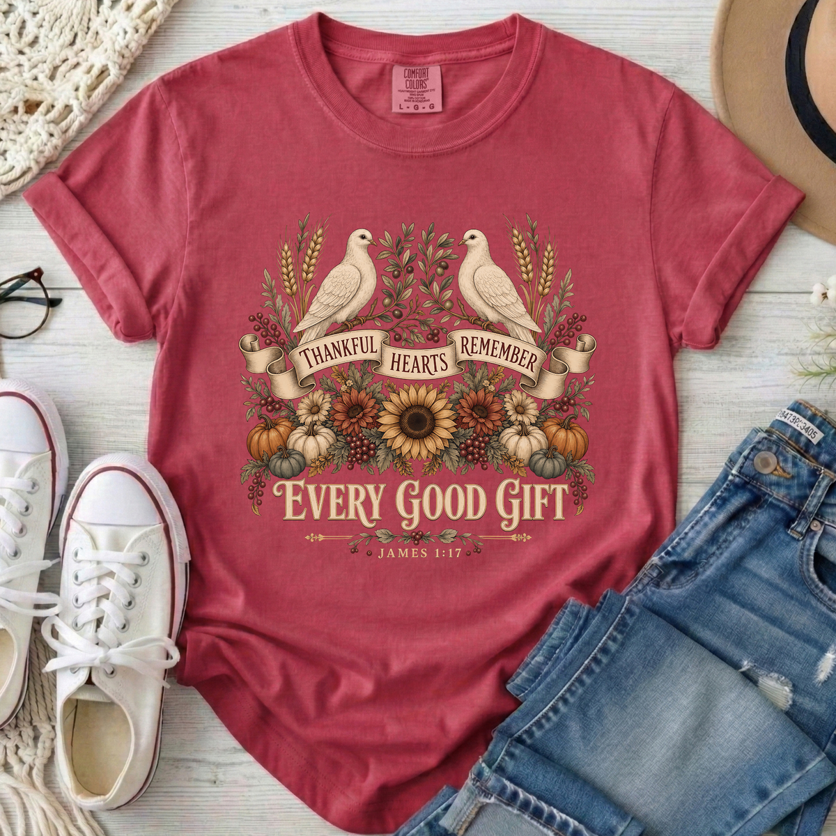 Thankful Hearts Remember Every Good Gift Christian Comfort Colors T-Shirt in Crimson
