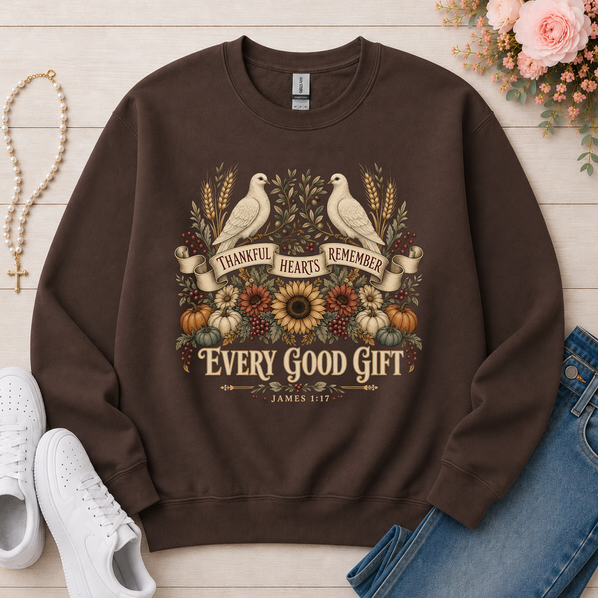 Thankful Hearts Remember Every Good Gift Christian Crewneck Sweatshirt in Dark Chocolate
