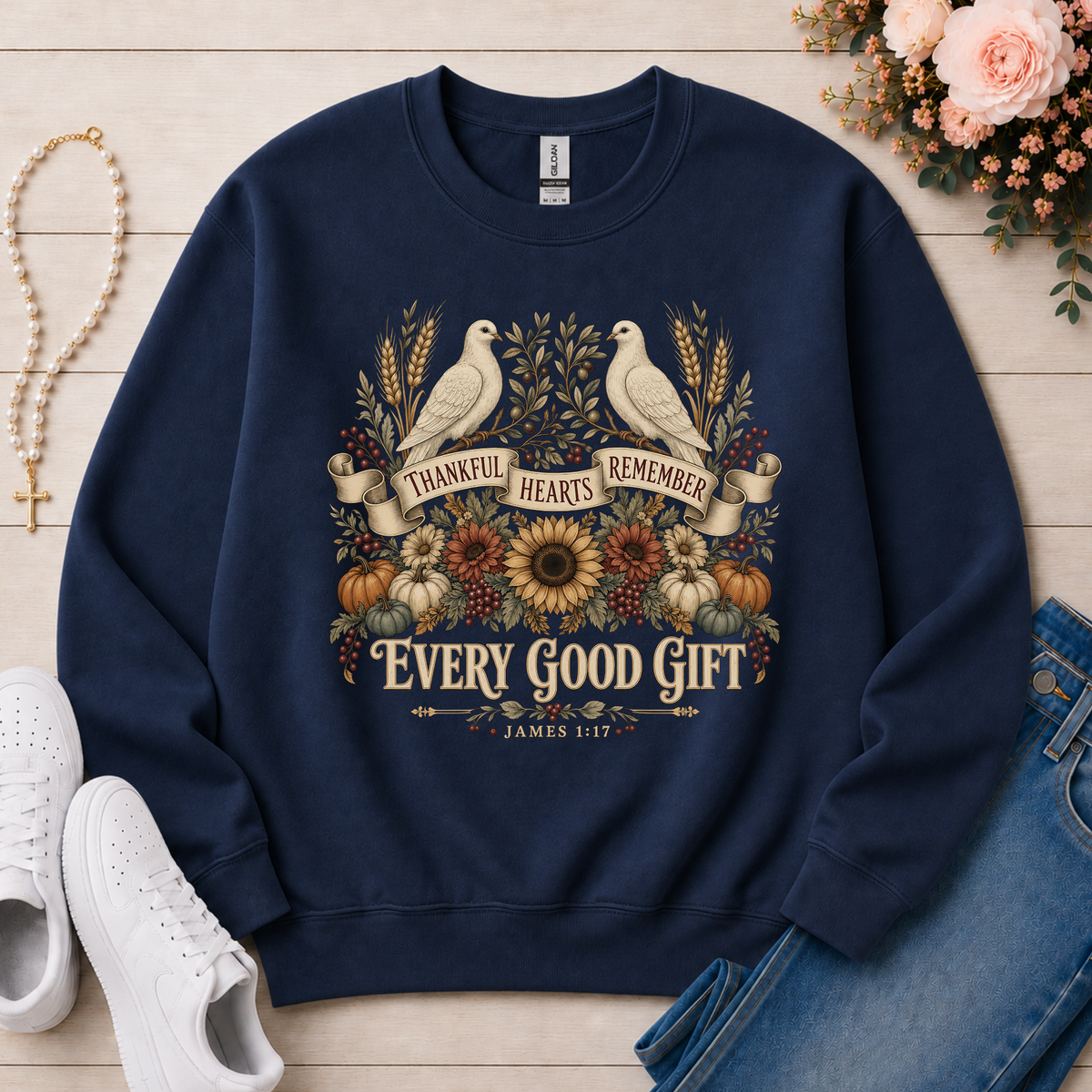 Thankful Hearts Remember Every Good Gift Christian Crewneck Sweatshirt in Navy