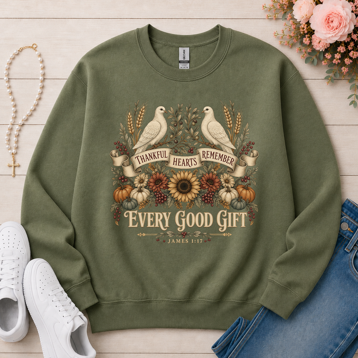 Thankful Hearts Remember Every Good Gift Christian Crewneck Sweatshirt in Military Green
