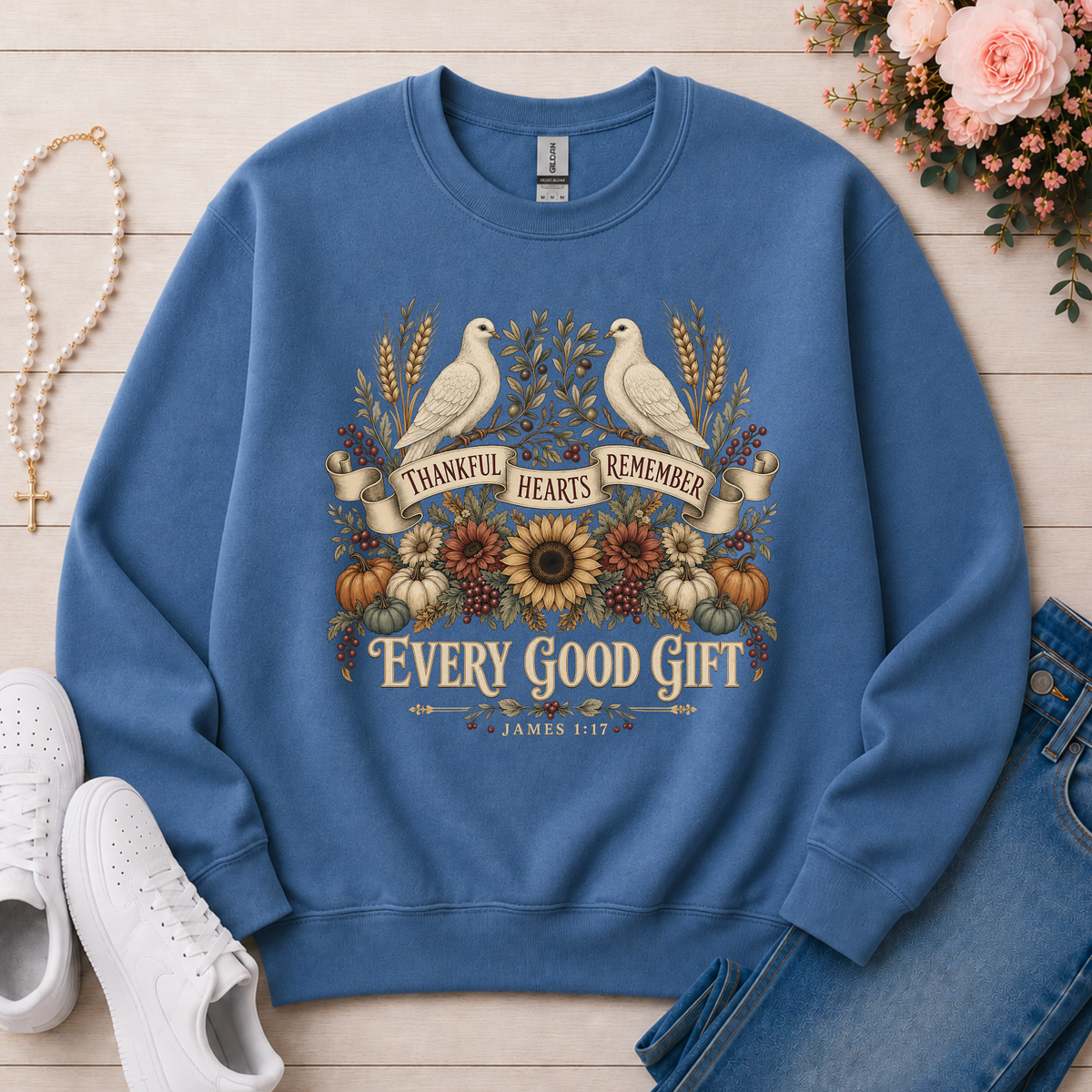 Thankful Hearts Remember Every Good Gift Christian Crewneck Sweatshirt in Indigo Blue