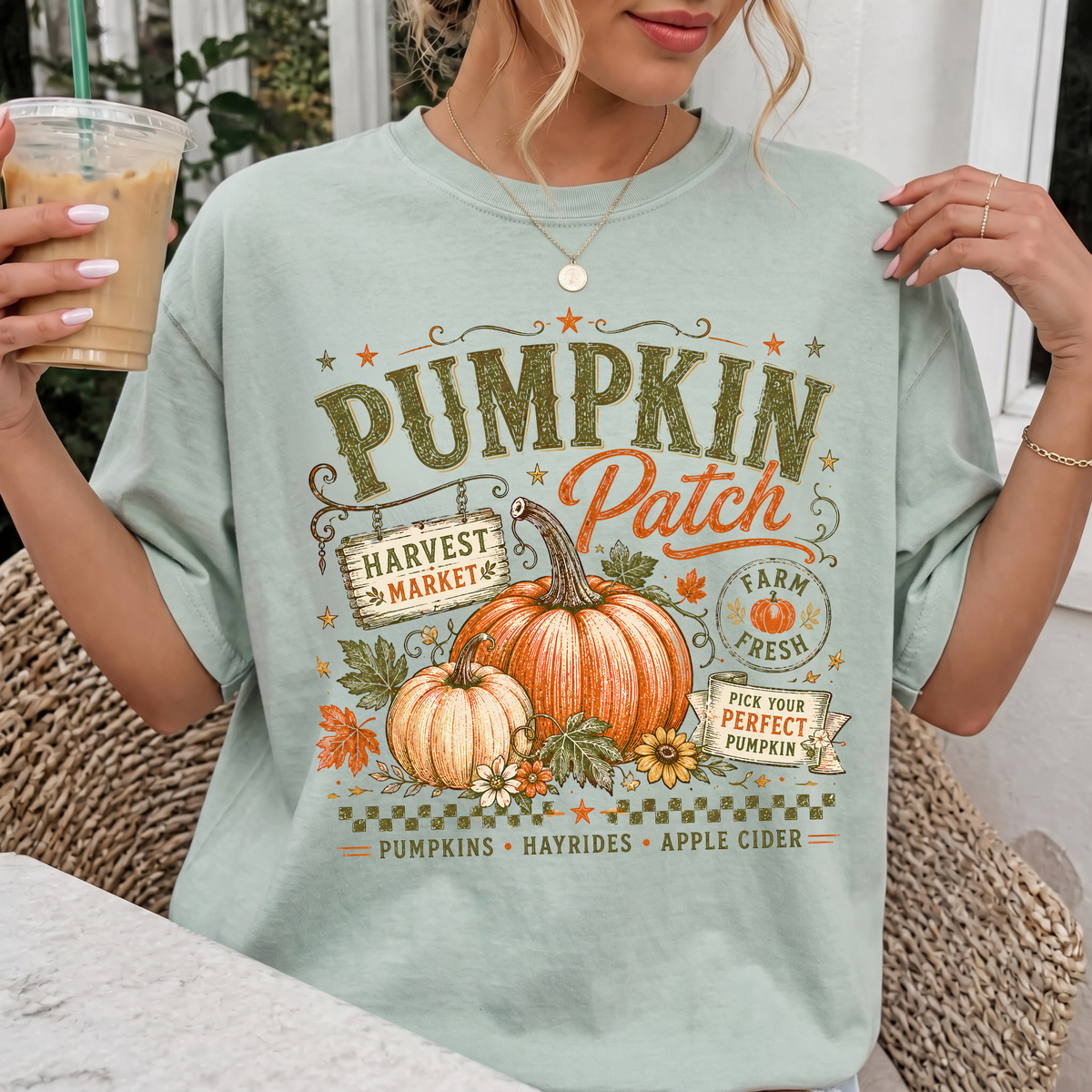 Woman wearing Pumpkin Patch Fall Comfort Colors T-Shirt in Bay