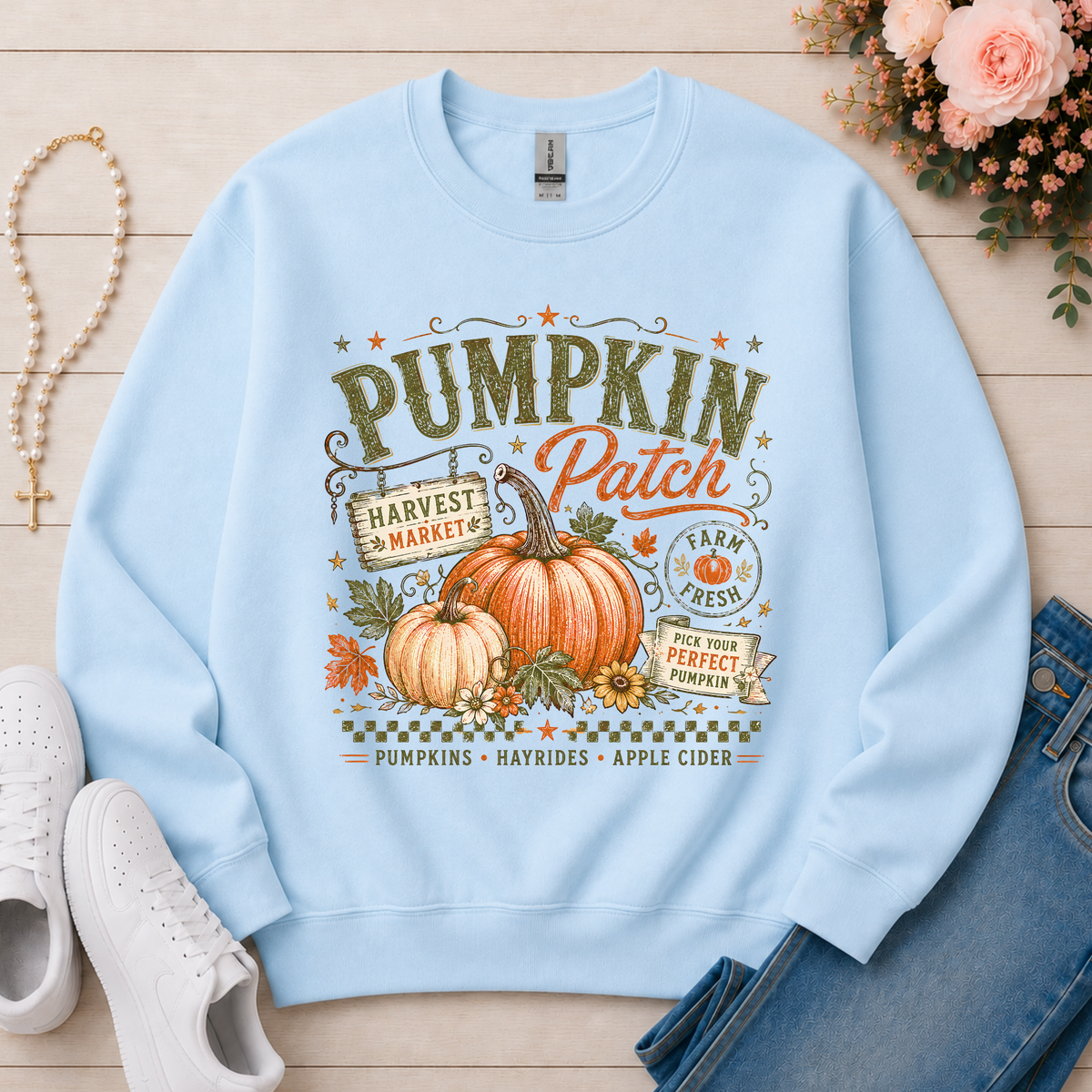 Pumpkin Patch Fall Crewneck Sweatshirt in Light Blue