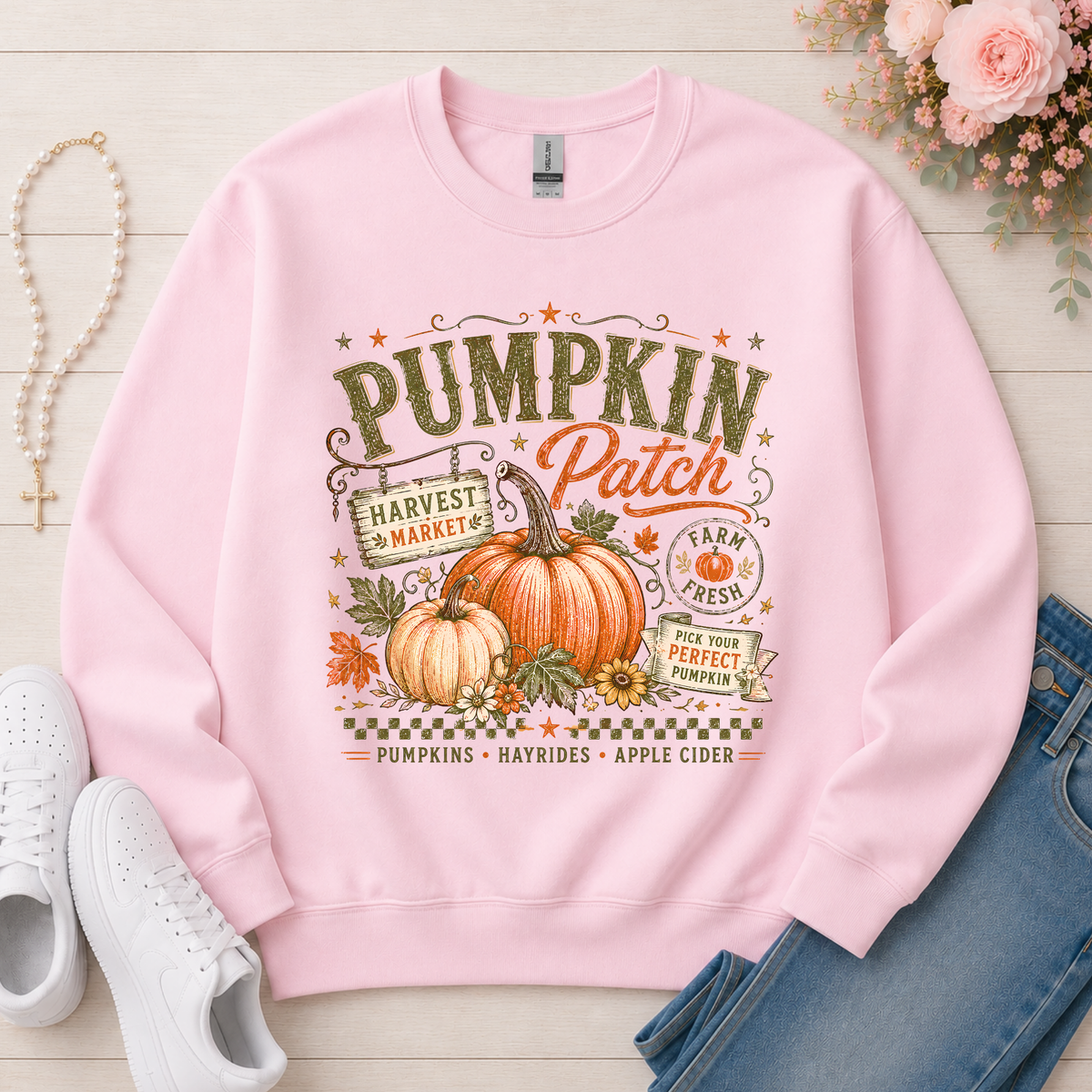 Pumpkin Patch Fall Crewneck Sweatshirt in Light Pink