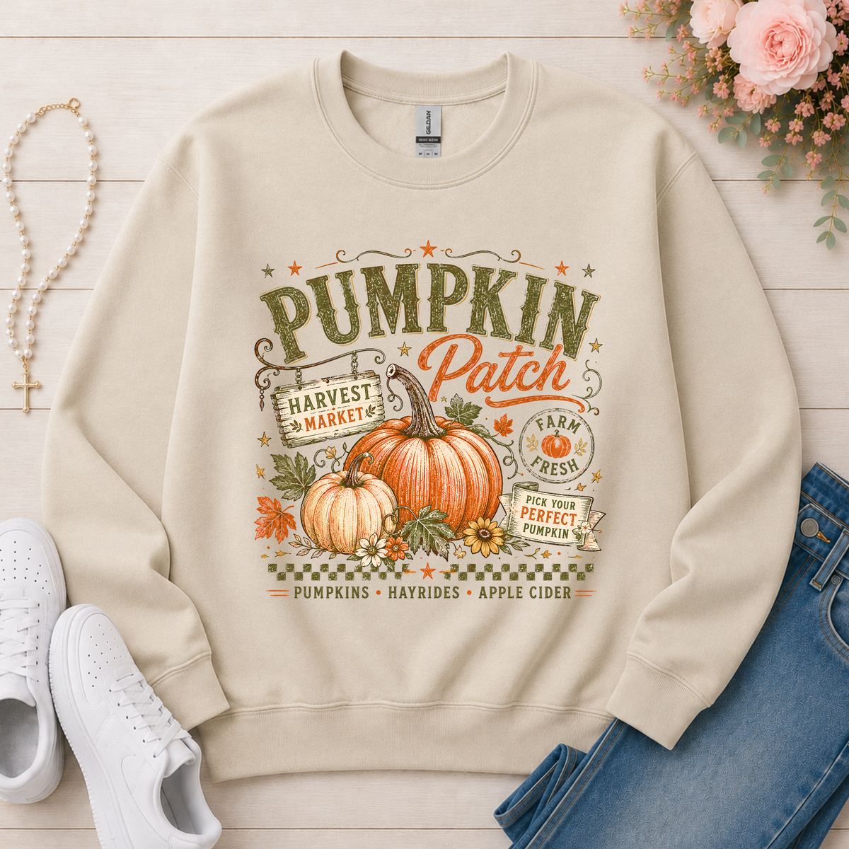 Pumpkin Patch Fall Crewneck Sweatshirt in Sand