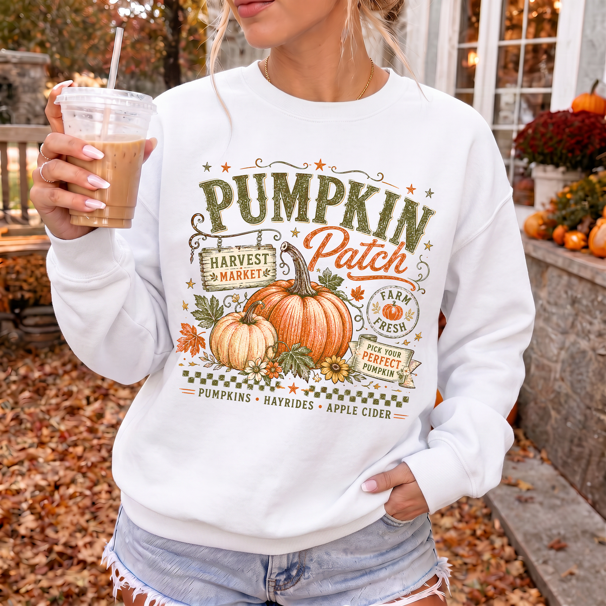 Woman wearing Pumpkin Patch Fall Crewneck Sweatshirt in White