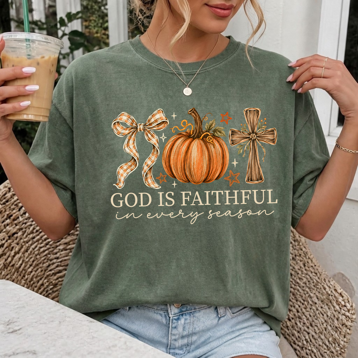 Woman wearing God Is Faithful in Every Season Christian Comfort Colors T-Shirt in Moss