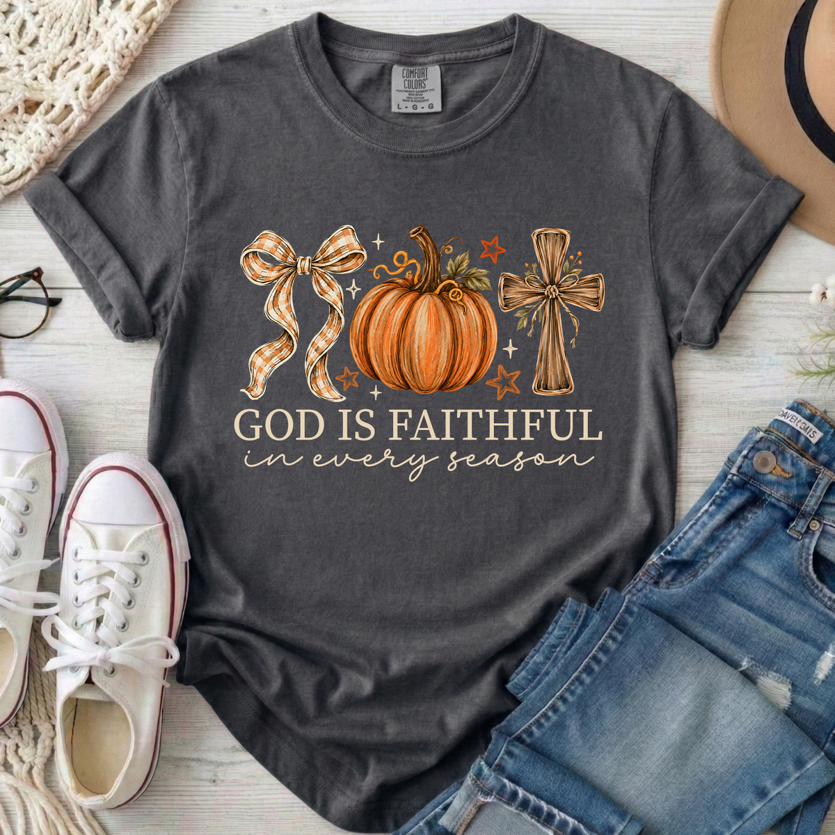 God Is Faithful in Every Season Christian Comfort Colors T-Shirt in Pepper
