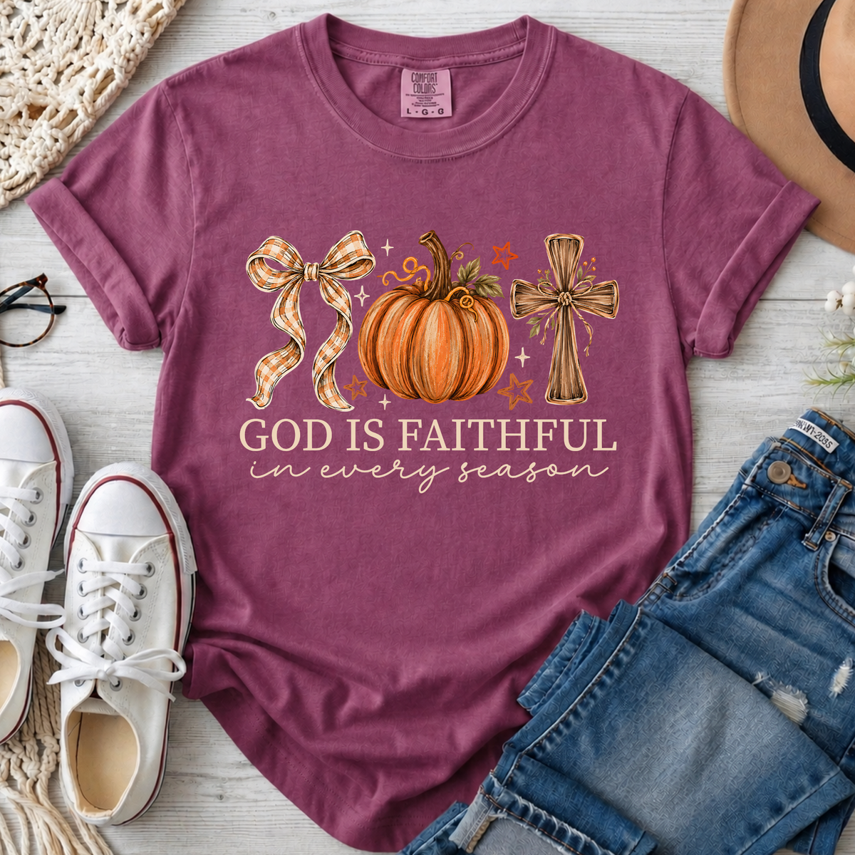 God Is Faithful in Every Season Christian Comfort Colors T-Shirt in Berry