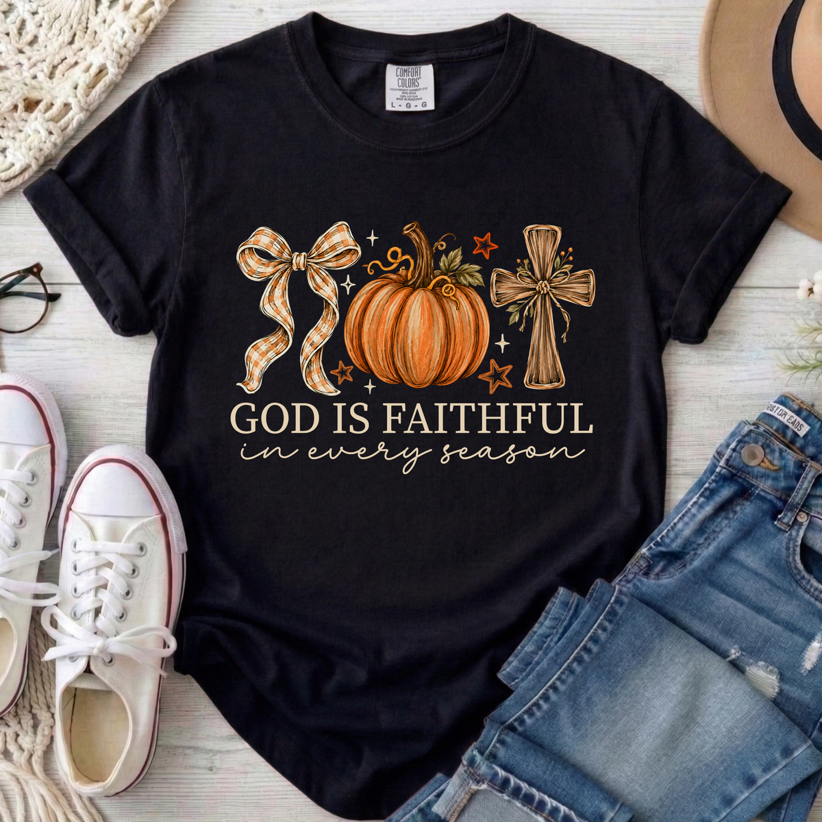 God Is Faithful in Every Season Christian Comfort Colors T-Shirt in Black