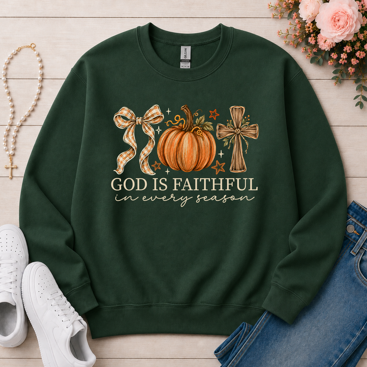 God Is Faithful in Every Season Christian Crewneck Sweatshirt in Forest Green