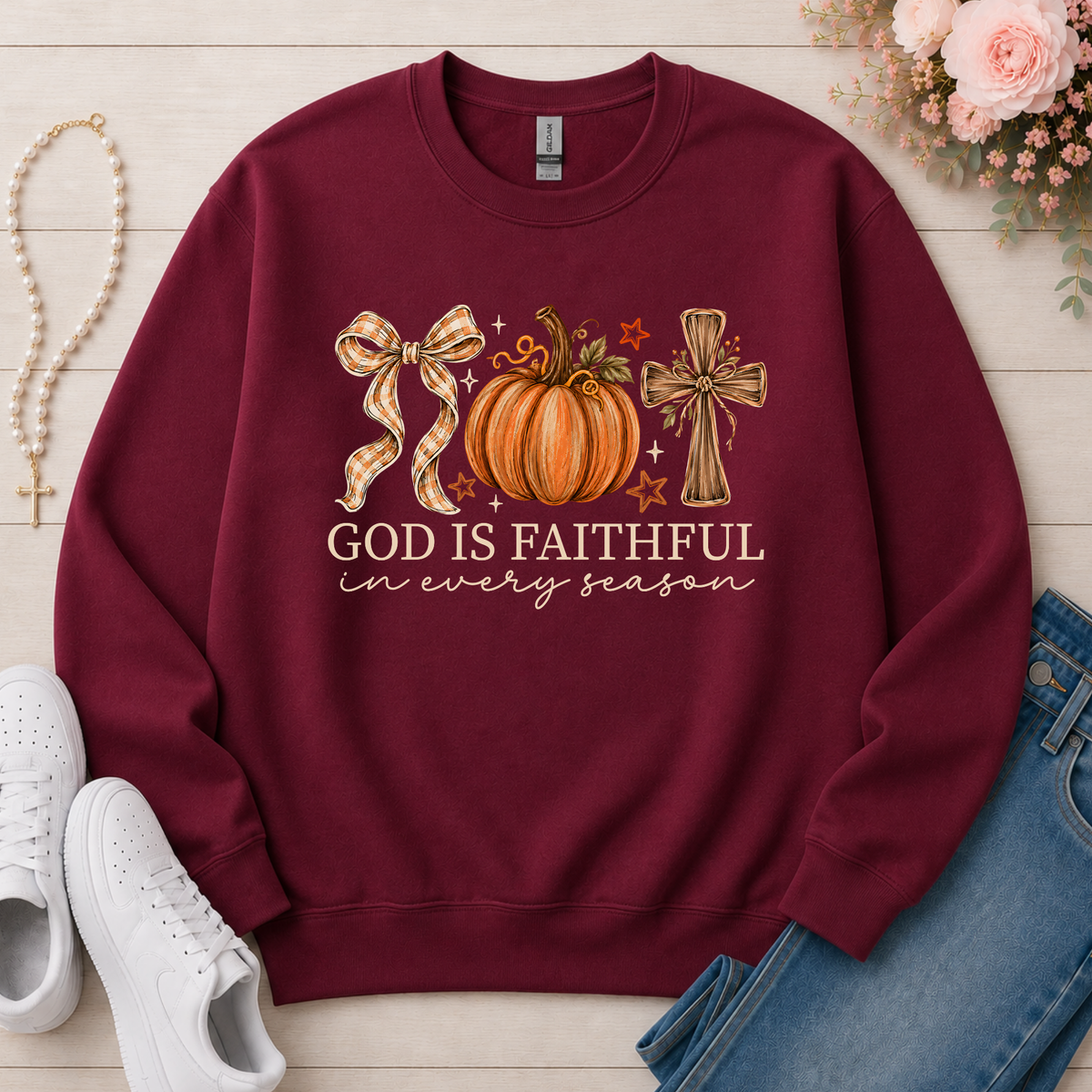 God Is Faithful in Every Season Christian Crewneck Sweatshirt in Maroon