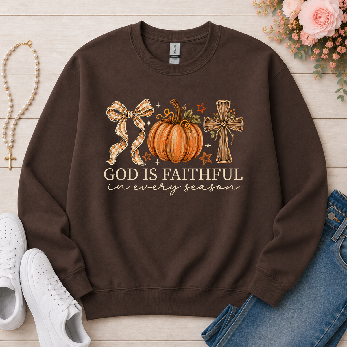 God Is Faithful in Every Season Christian Crewneck Sweatshirt in Dark Chocolate