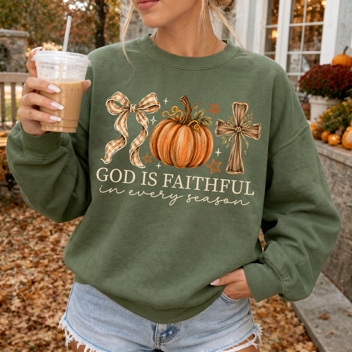 Woman wearing God Is Faithful in Every Season Christian Crewneck Sweatshirt in Military Green