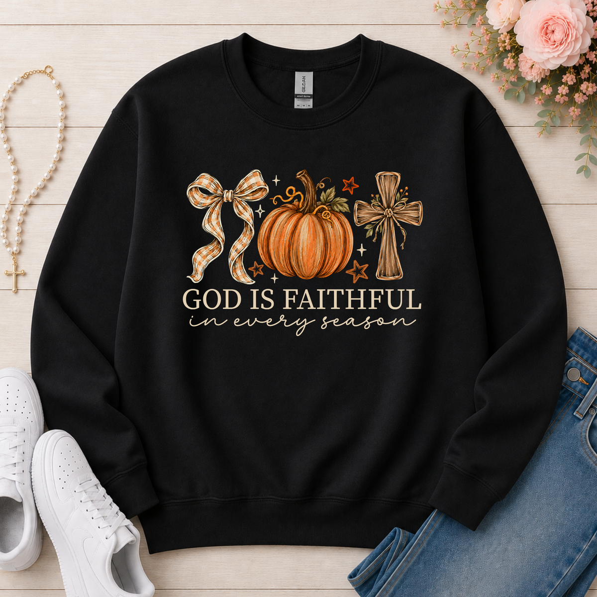 God Is Faithful in Every Season Christian Crewneck Sweatshirt in Black