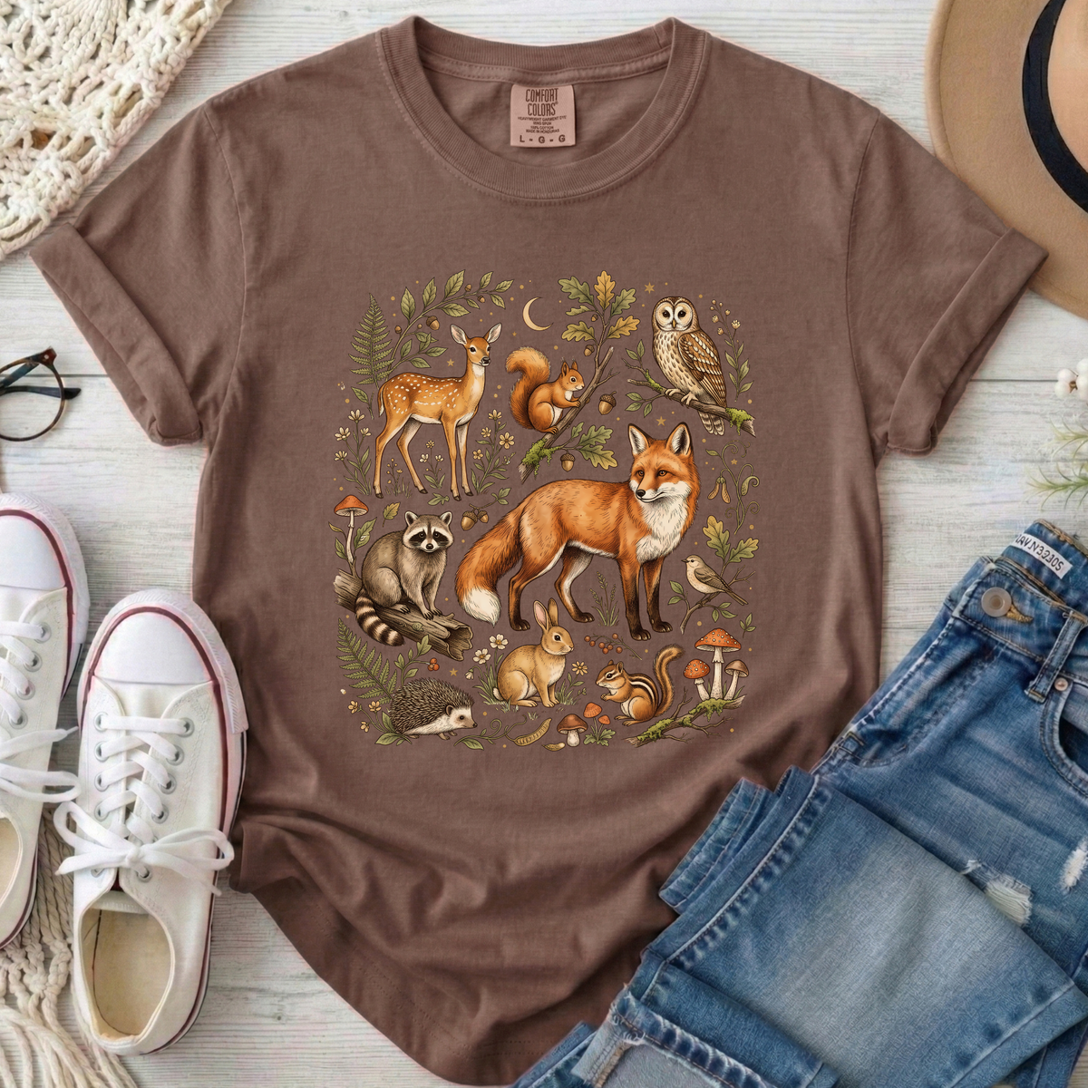 Vintage Woodland Animals Fall Comfort Colors T-Shirt in Espresso