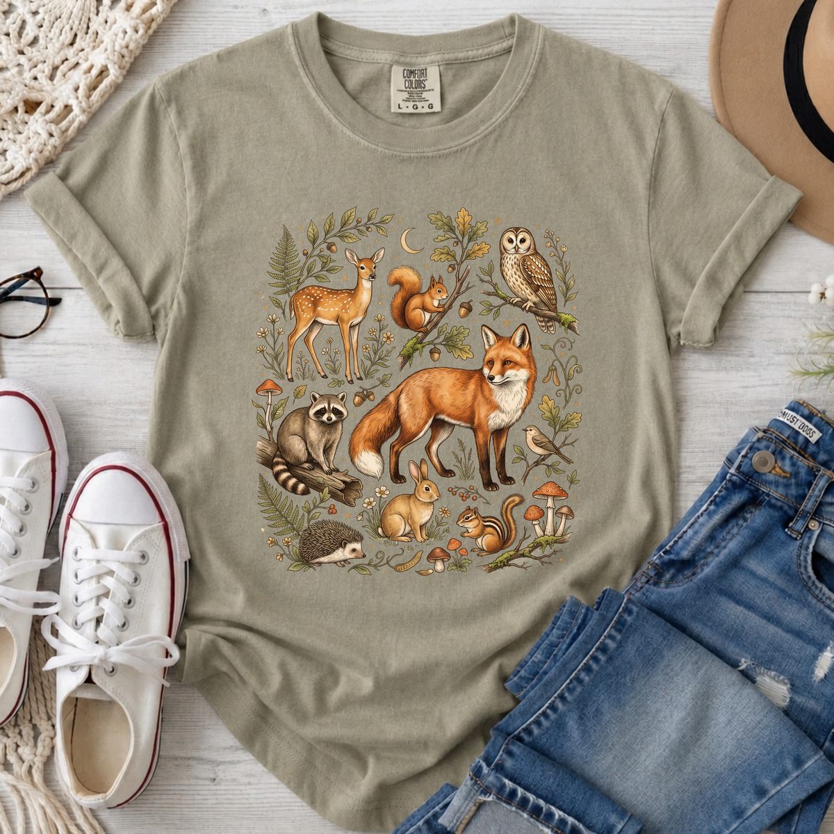 Vintage Woodland Animals Fall Comfort Colors T-Shirt in Khaki