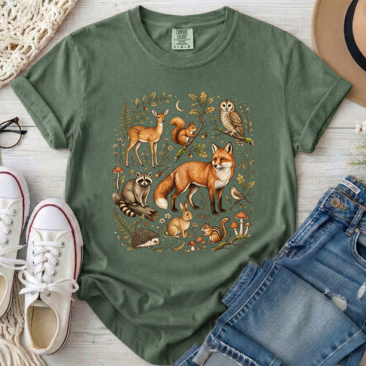 Vintage Woodland Animals Fall Comfort Colors T-Shirt in Moss