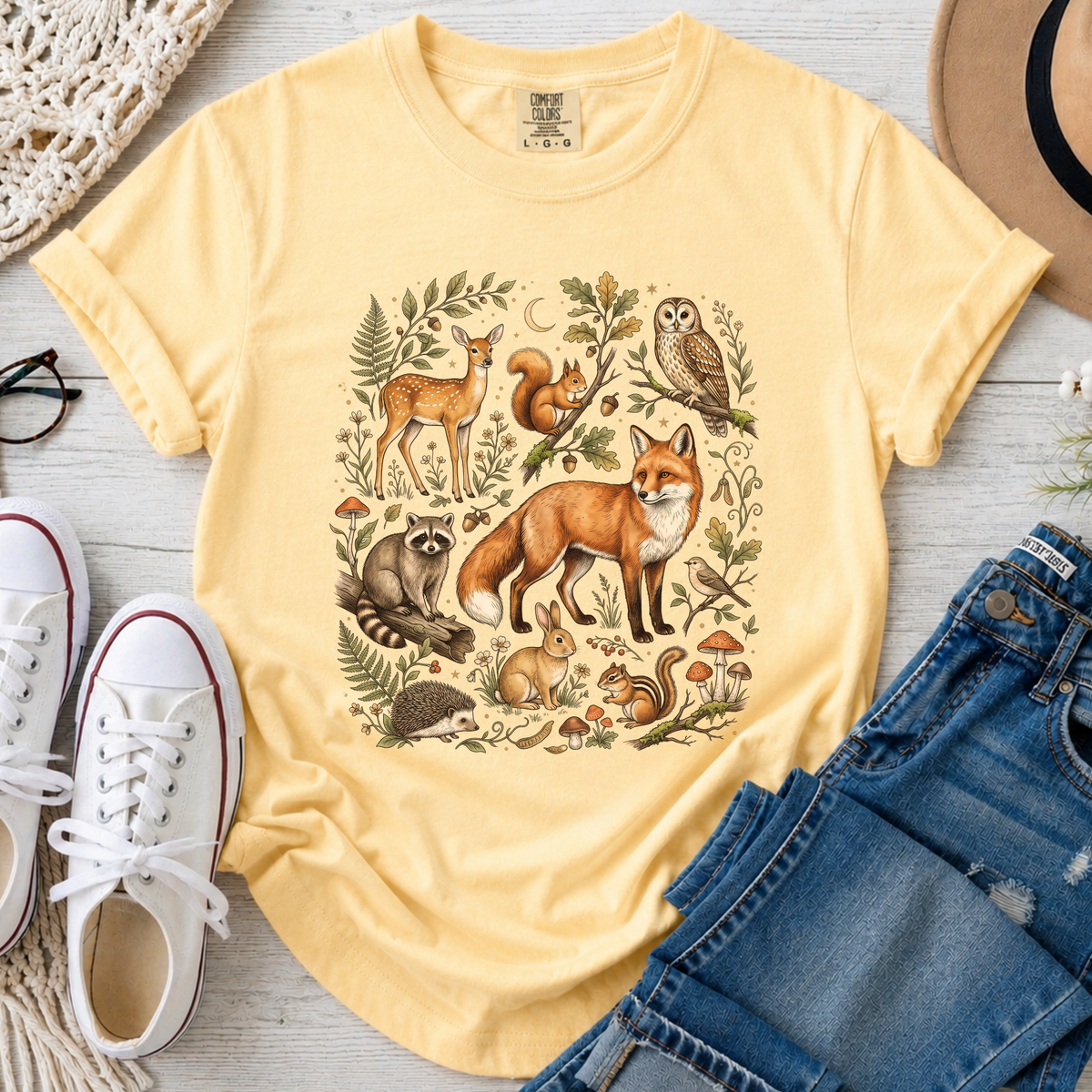Vintage Woodland Animals Fall Comfort Colors T-Shirt in Butter