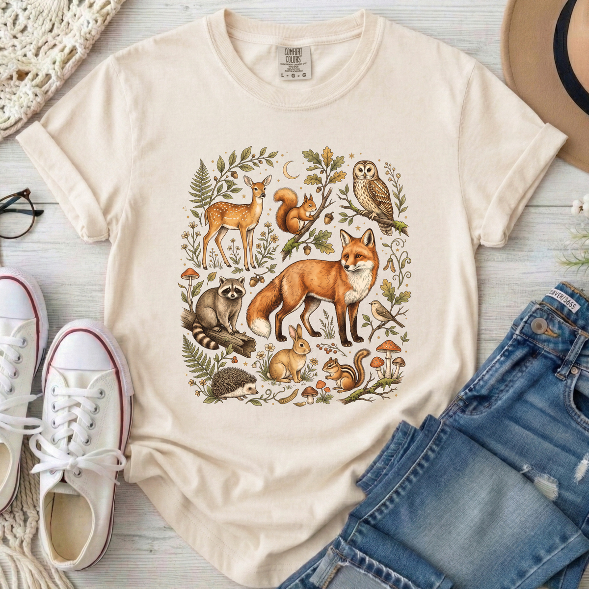 Vintage Woodland Animals Fall Comfort Colors T-Shirt in Ivory