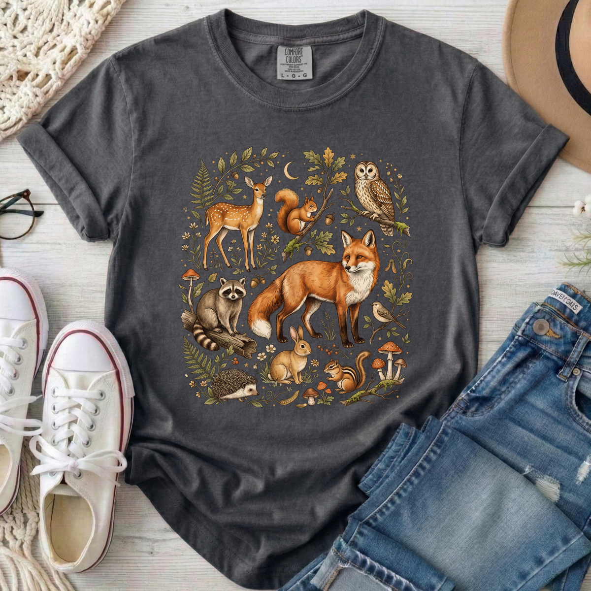 Vintage Woodland Animals Fall Comfort Colors T-Shirt in Pepper