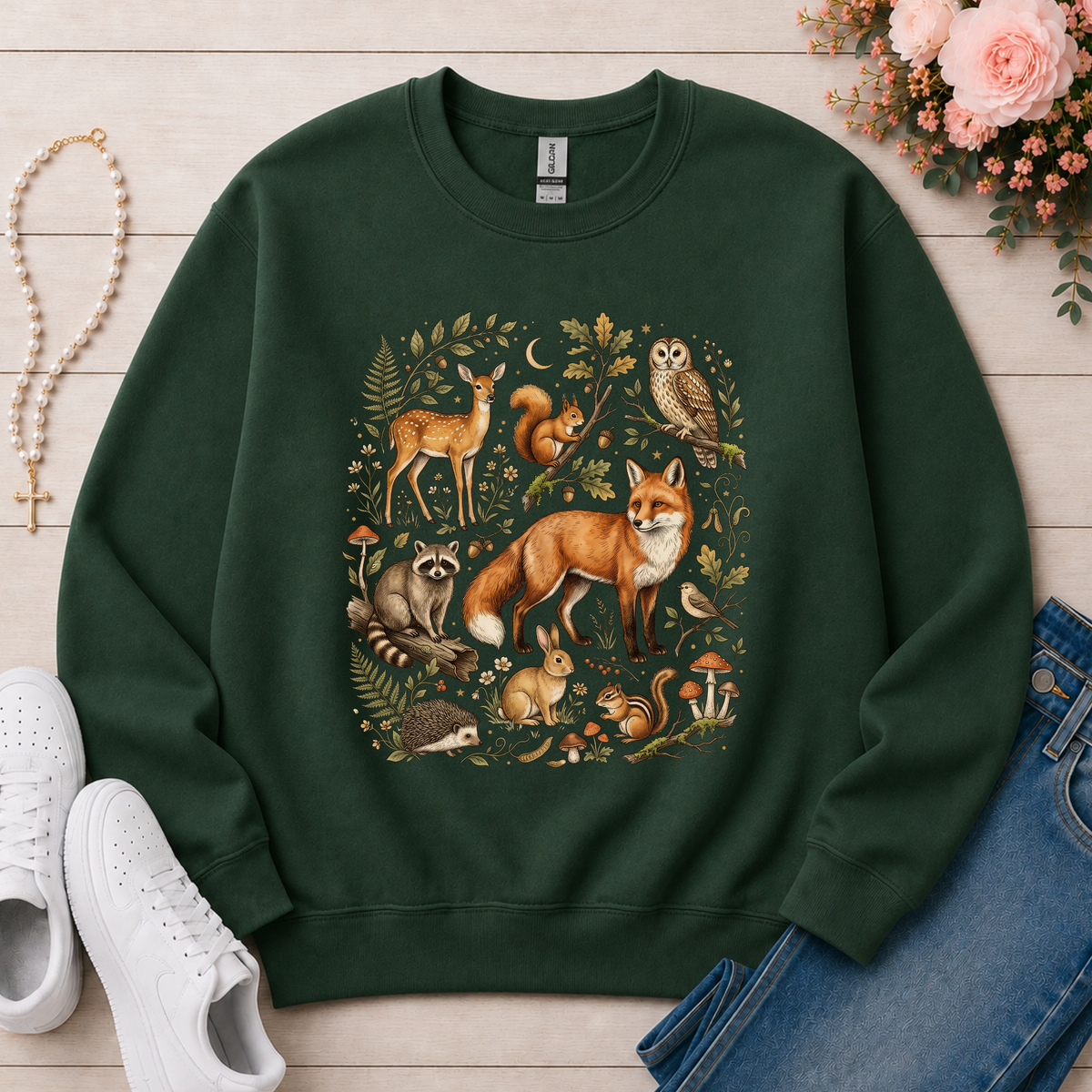 Vintage Woodland Animals Fall Crewneck Sweatshirt in Forest Green