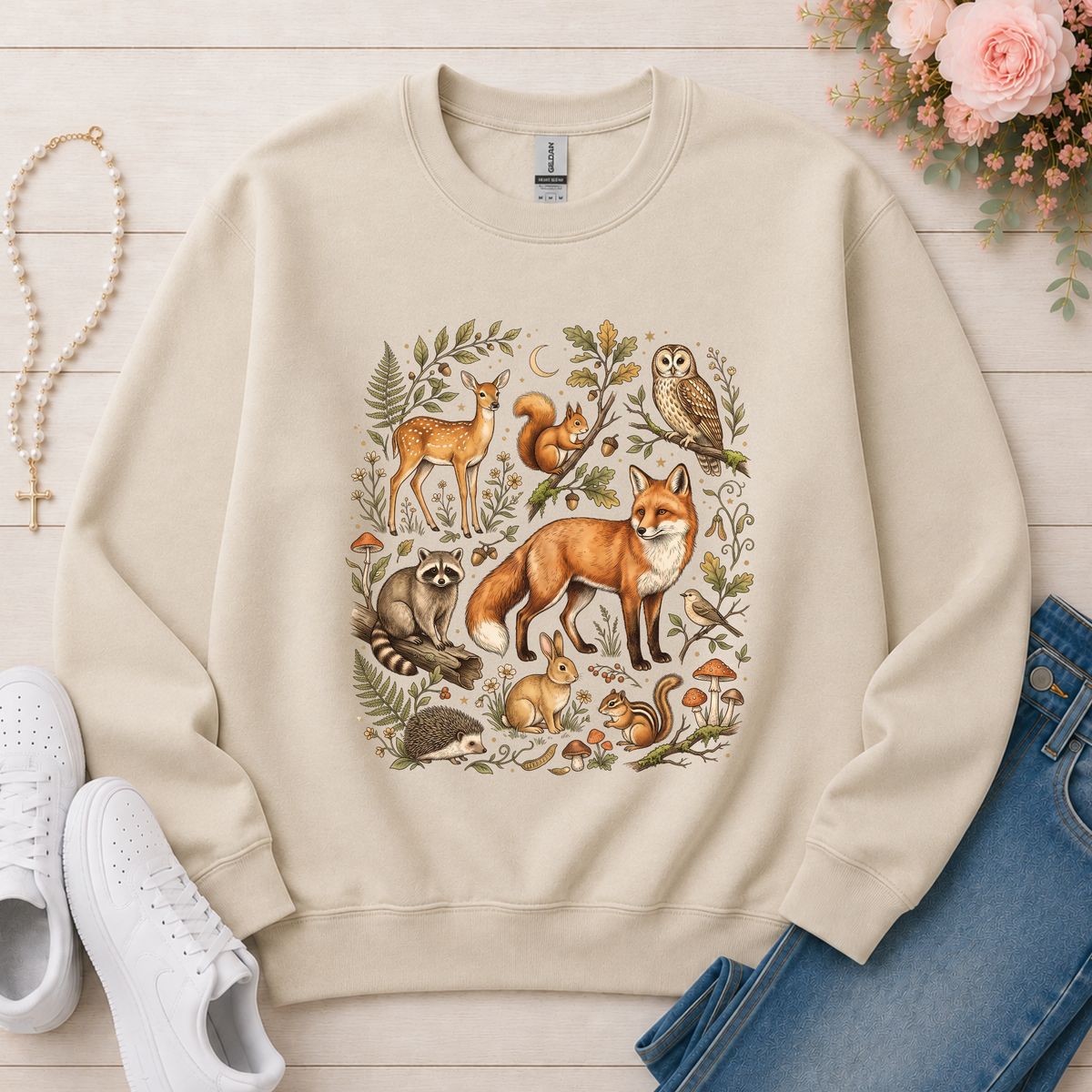 Vintage Woodland Animals Fall Crewneck Sweatshirt in Sand