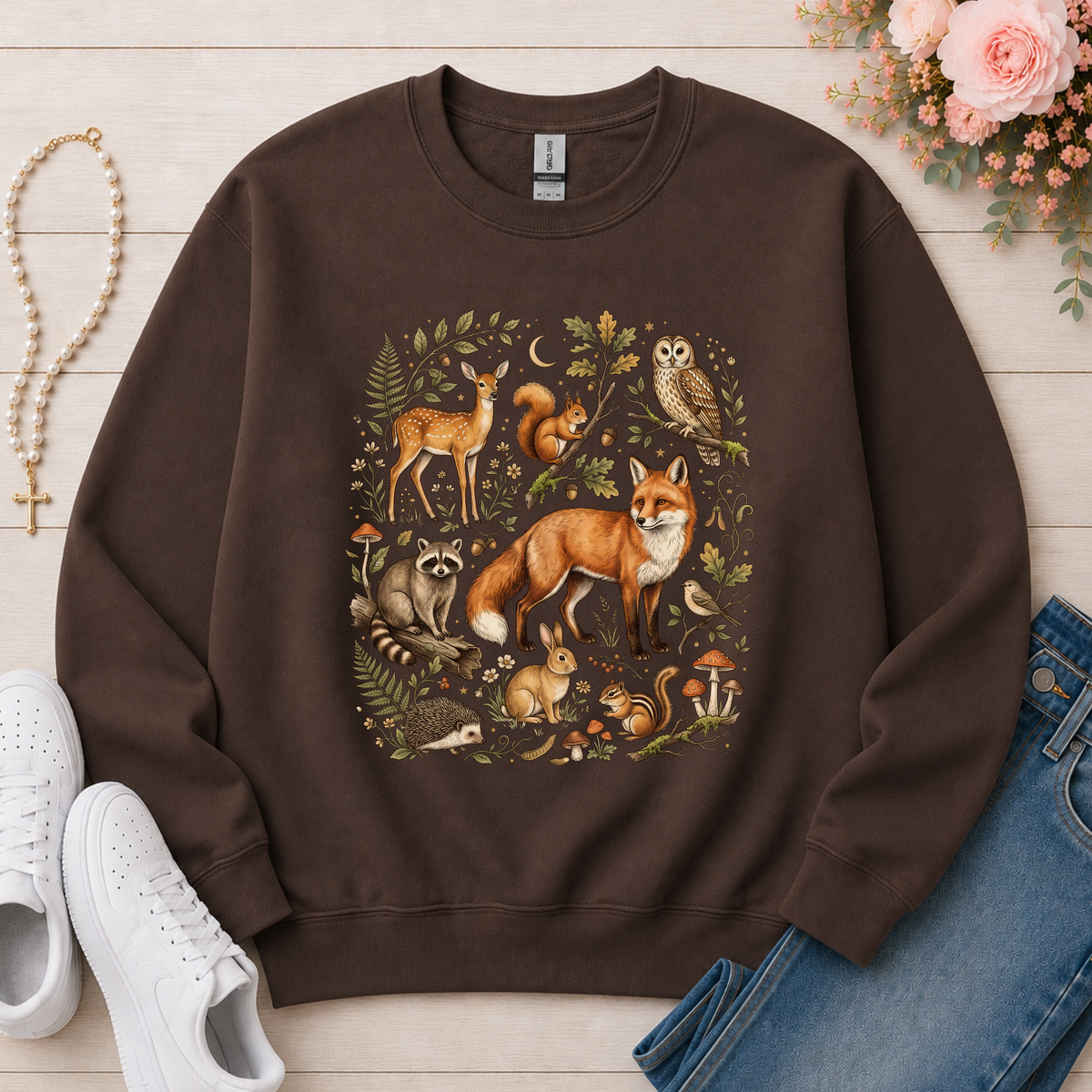 Vintage Woodland Animals Fall Crewneck Sweatshirt in Dark Chocolate