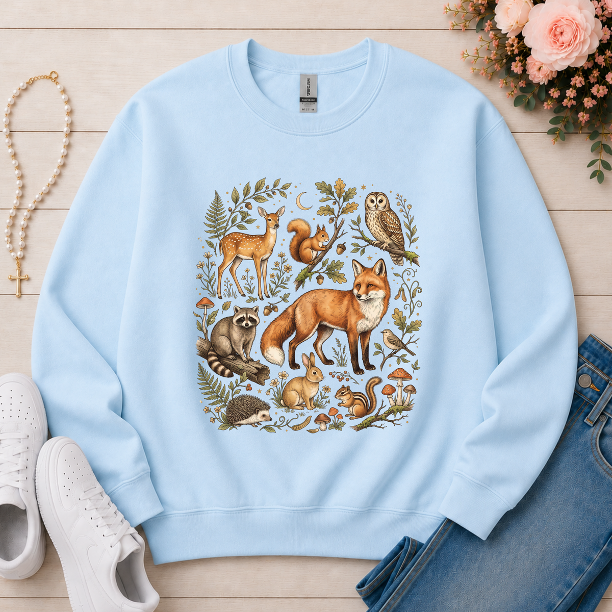 Vintage Woodland Animals Fall Crewneck Sweatshirt in Light Blue