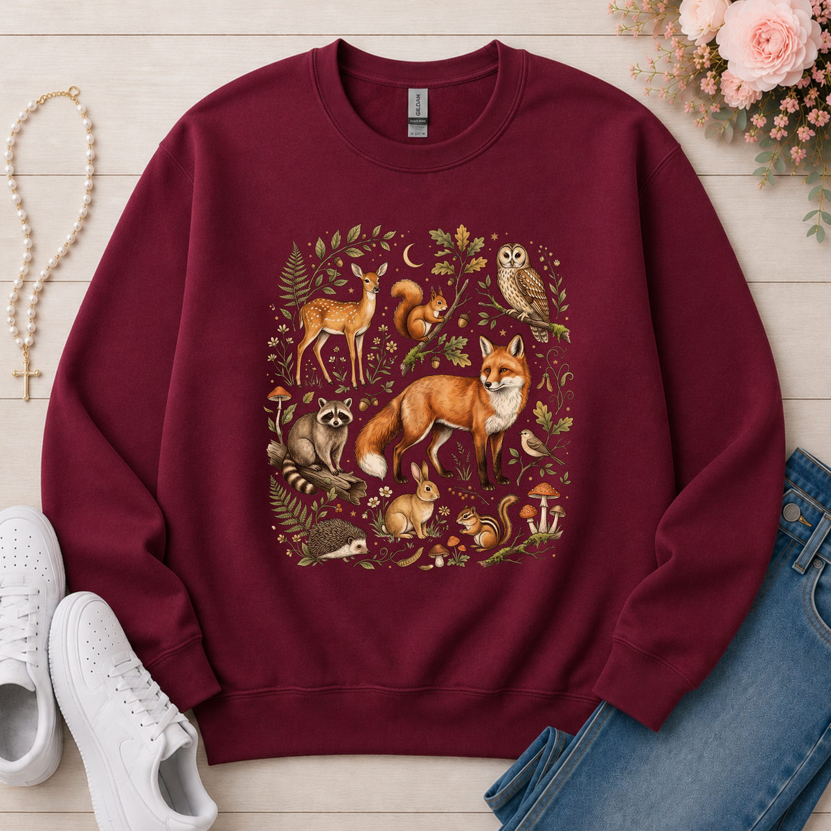 Vintage Woodland Animals Fall Crewneck Sweatshirt in Maroon