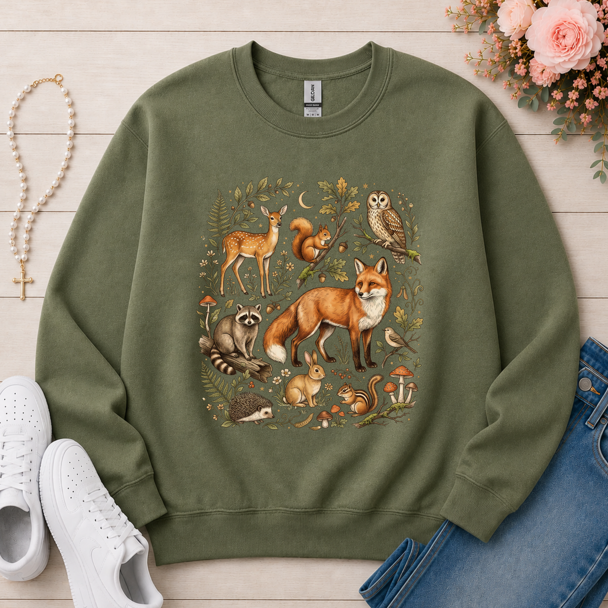Vintage Woodland Animals Fall Crewneck Sweatshirt in Military Green