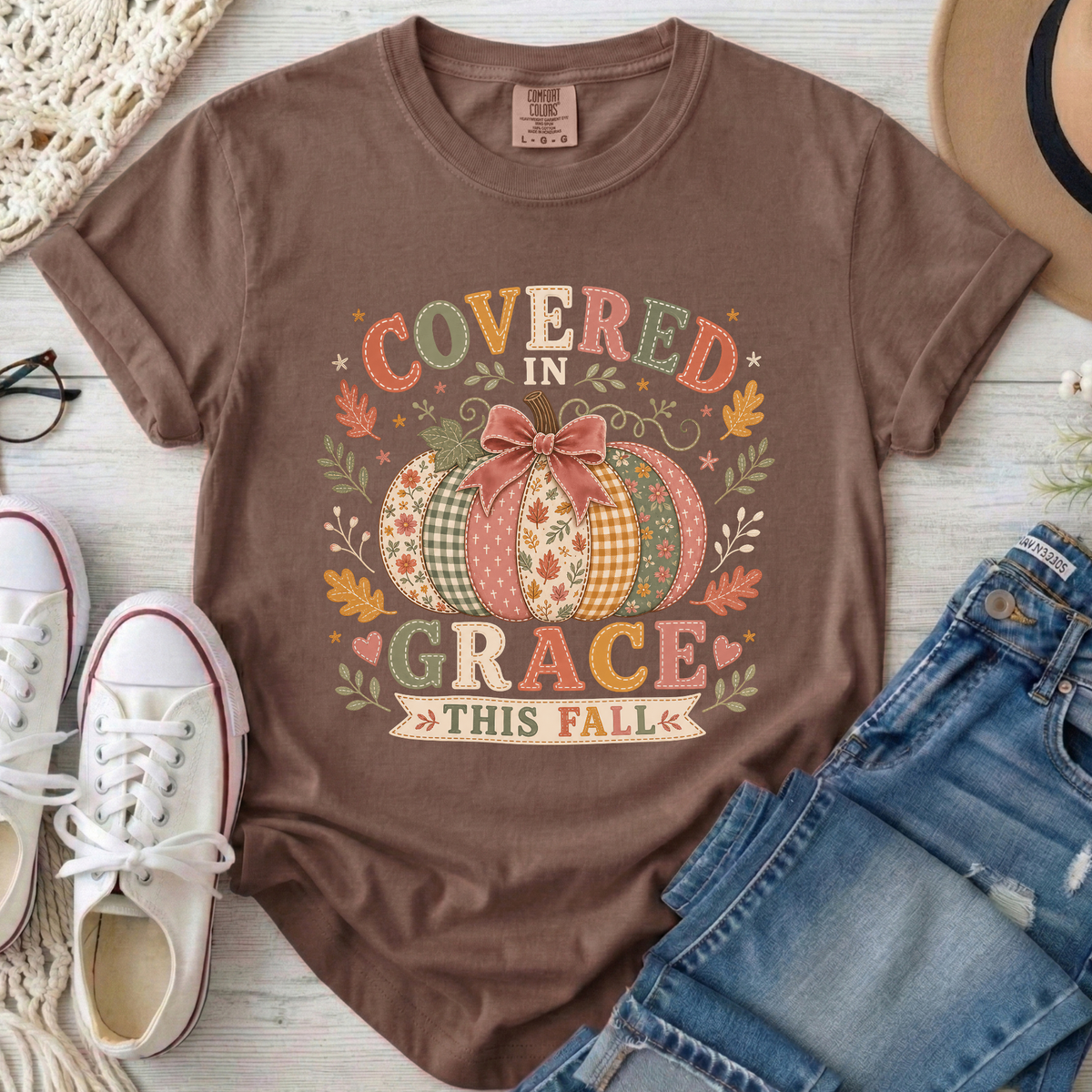 Covered in Grace This Fall Christian Comfort Colors T-Shirt in Espresso