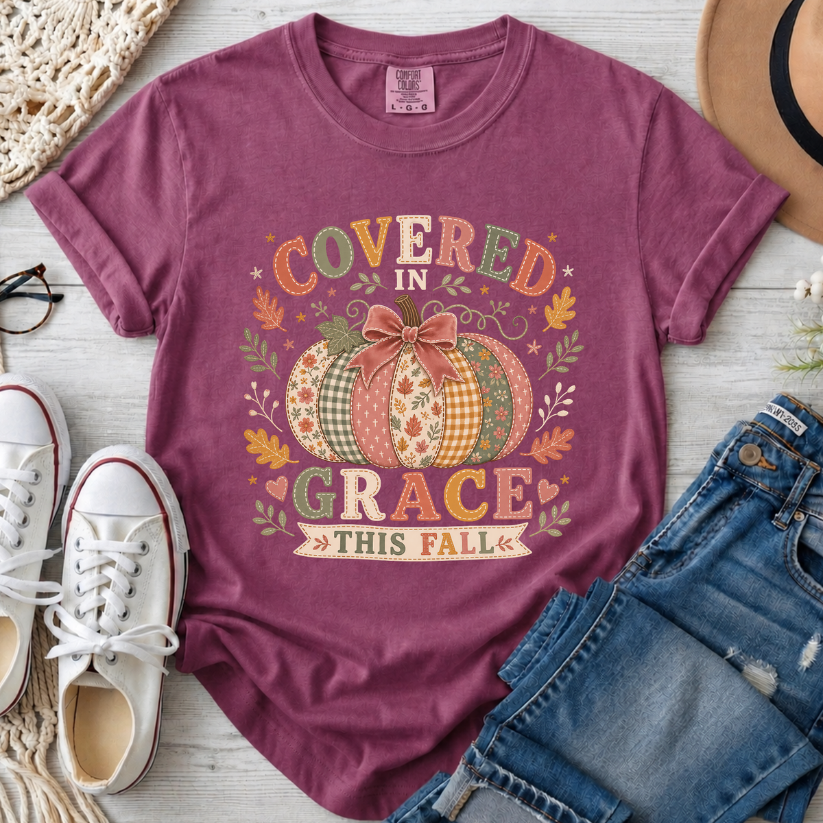 Covered in Grace This Fall Christian Comfort Colors T-Shirt in Berry