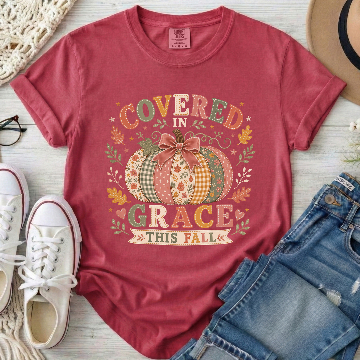 Covered in Grace This Fall Christian Comfort Colors T-Shirt in Crimson