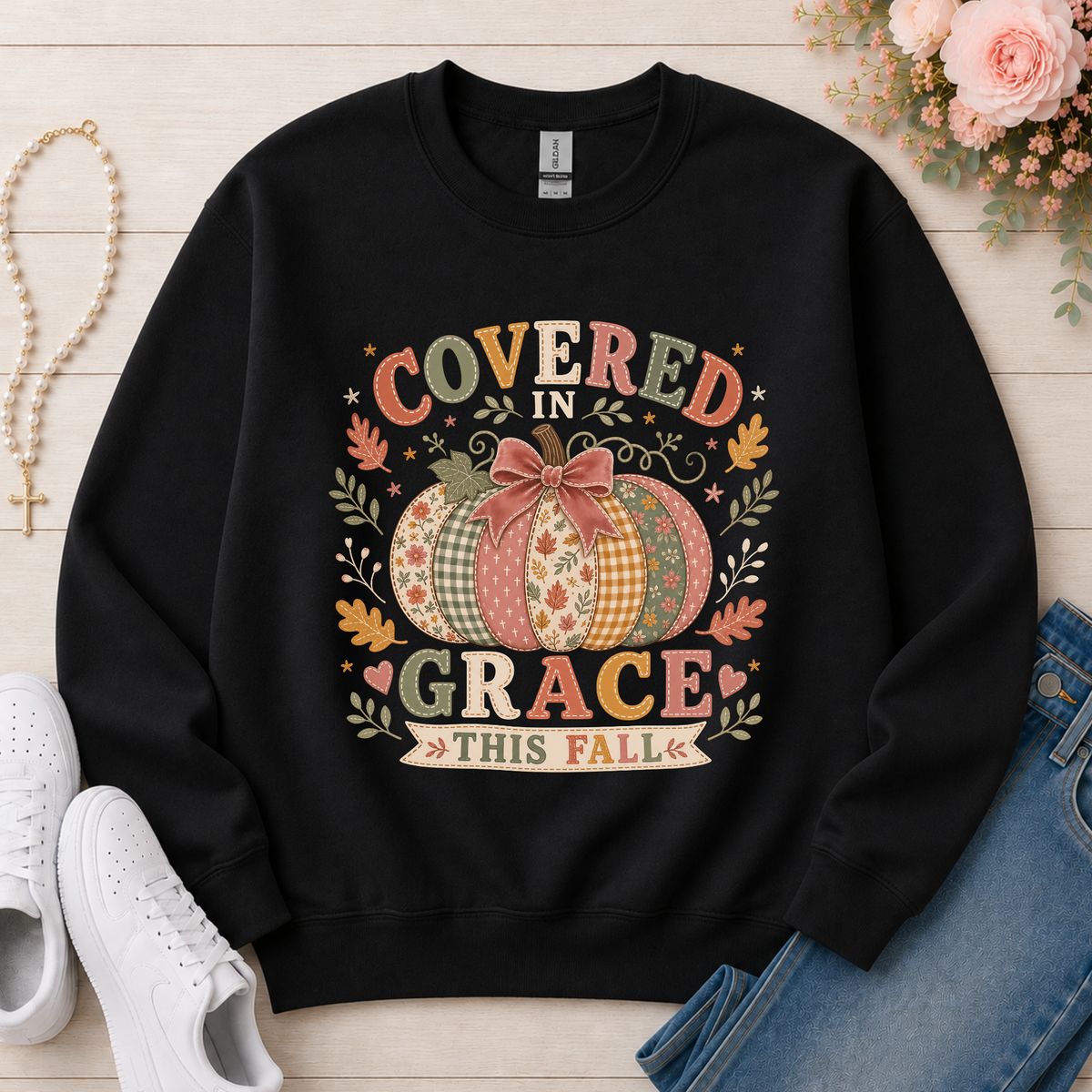 Covered in Grace This Fall Christian Crewneck Sweatshirt in Black