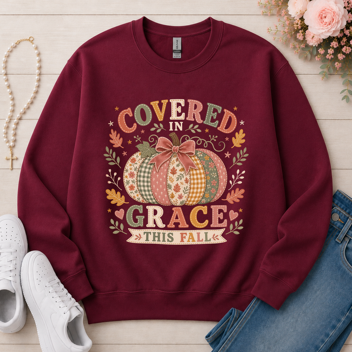 Covered in Grace This Fall Christian Crewneck Sweatshirt in Maroon
