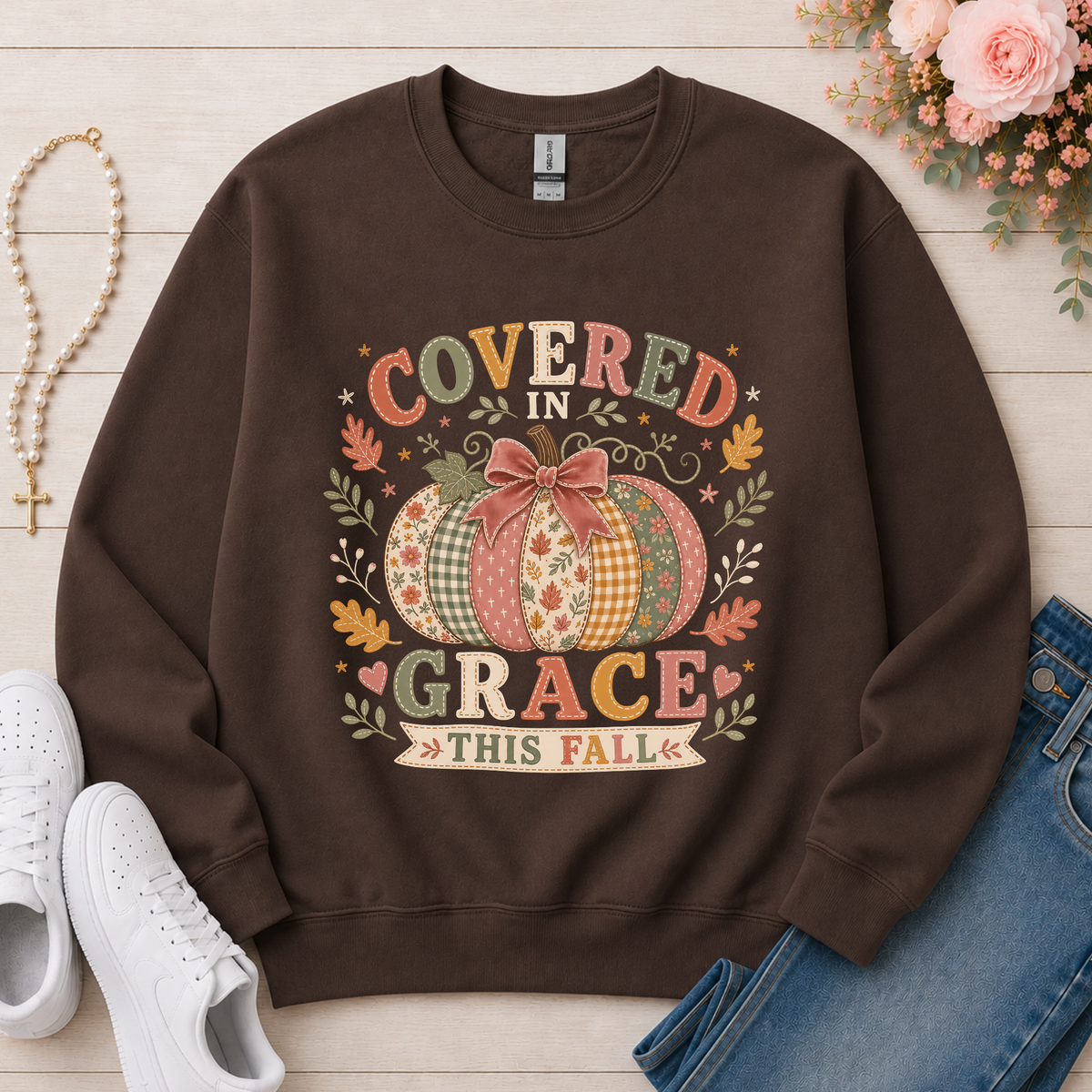 Covered in Grace This Fall Christian Crewneck Sweatshirt in Dark Chocolate