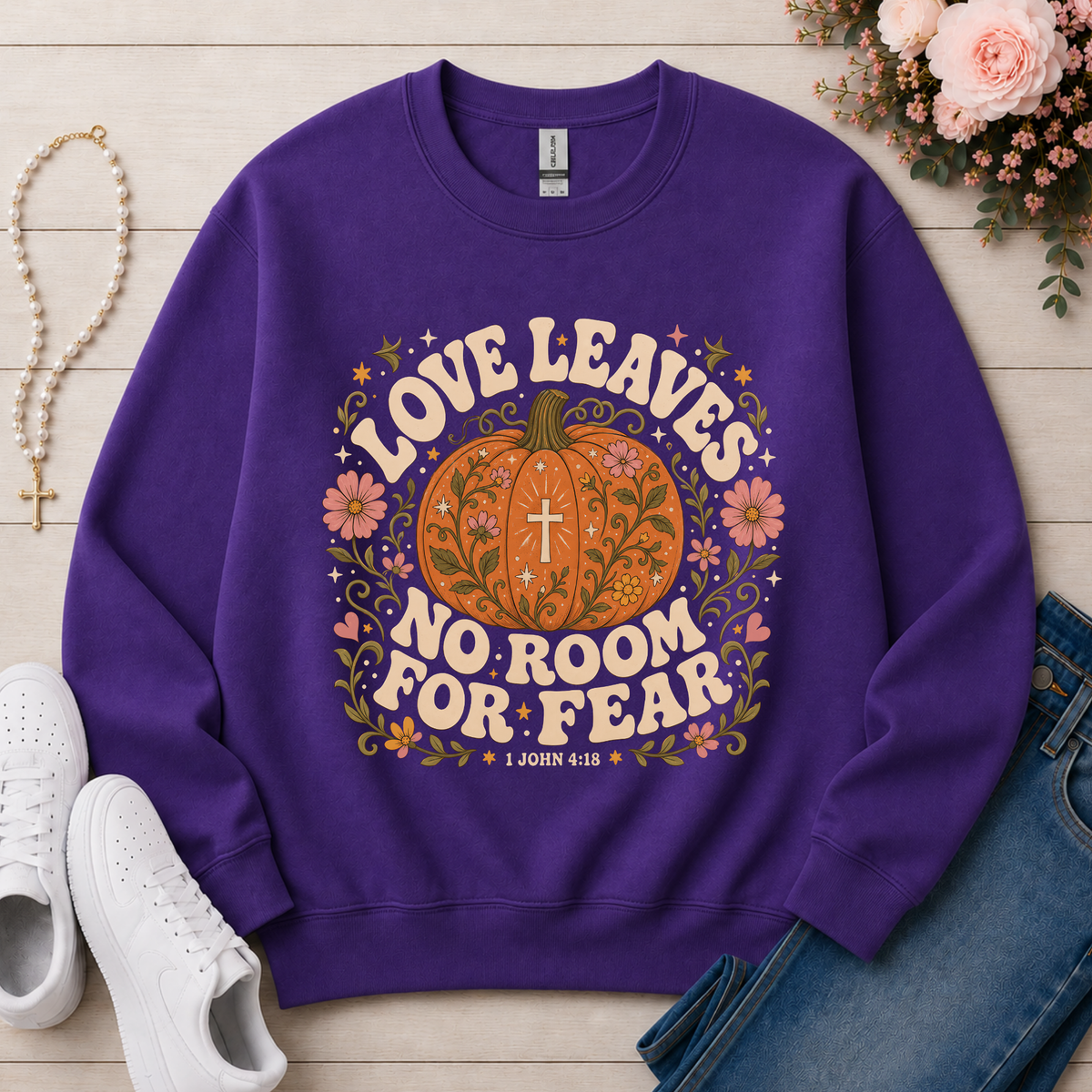 Love Leaves No Room for Fear Christian Crewneck Sweatshirt in Purple