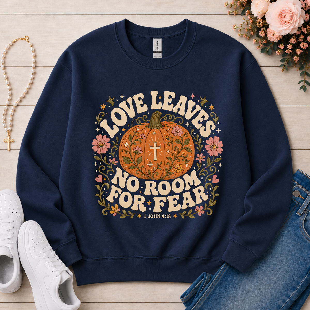 Love Leaves No Room for Fear Christian Crewneck Sweatshirt in Navy