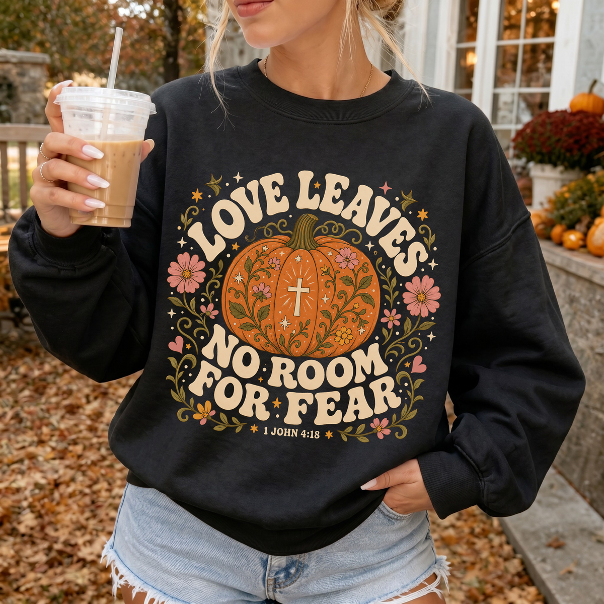 Woman wearing Love Leaves No Room for Fear Christian Crewneck Sweatshirt in Black
