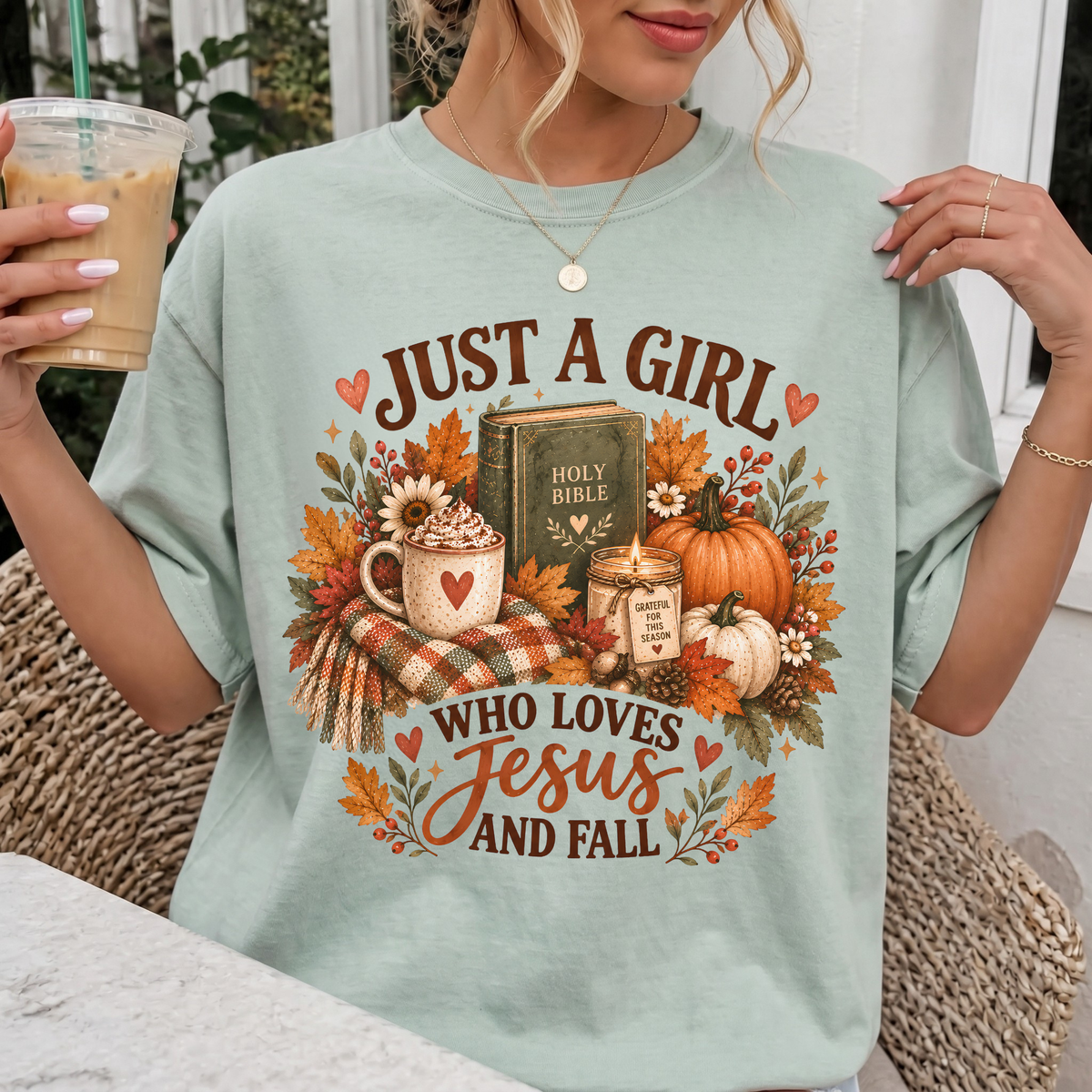 Woman wearing Just a Girl Who Loves Jesus and Fall Christian Comfort Colors T-Shirt in Bay