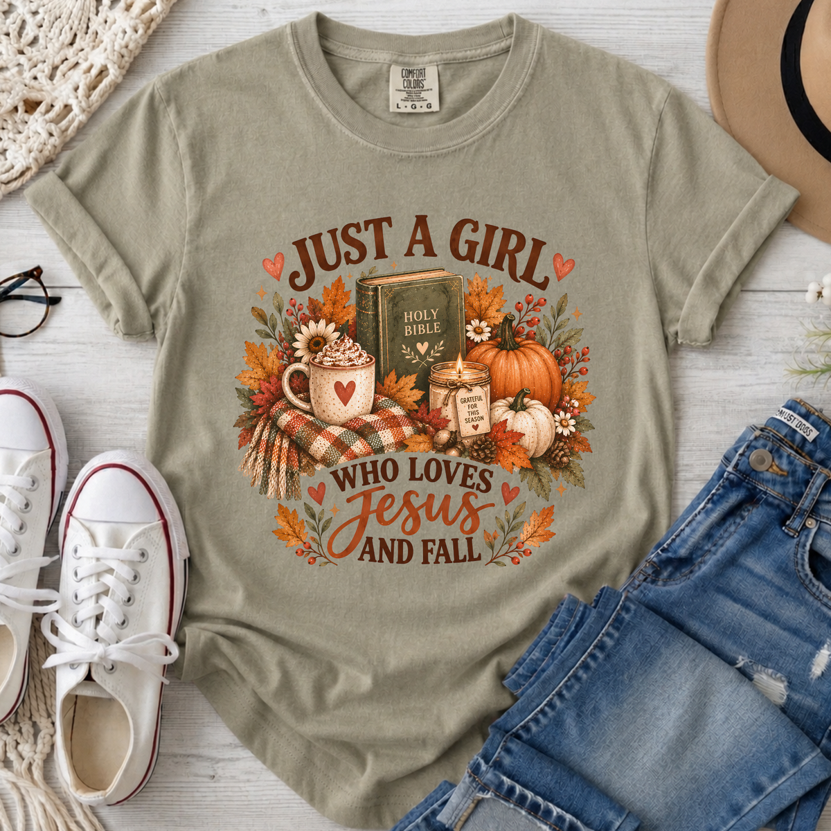 Just a Girl Who Loves Jesus and Fall Christian Comfort Colors T-Shirt in Khaki