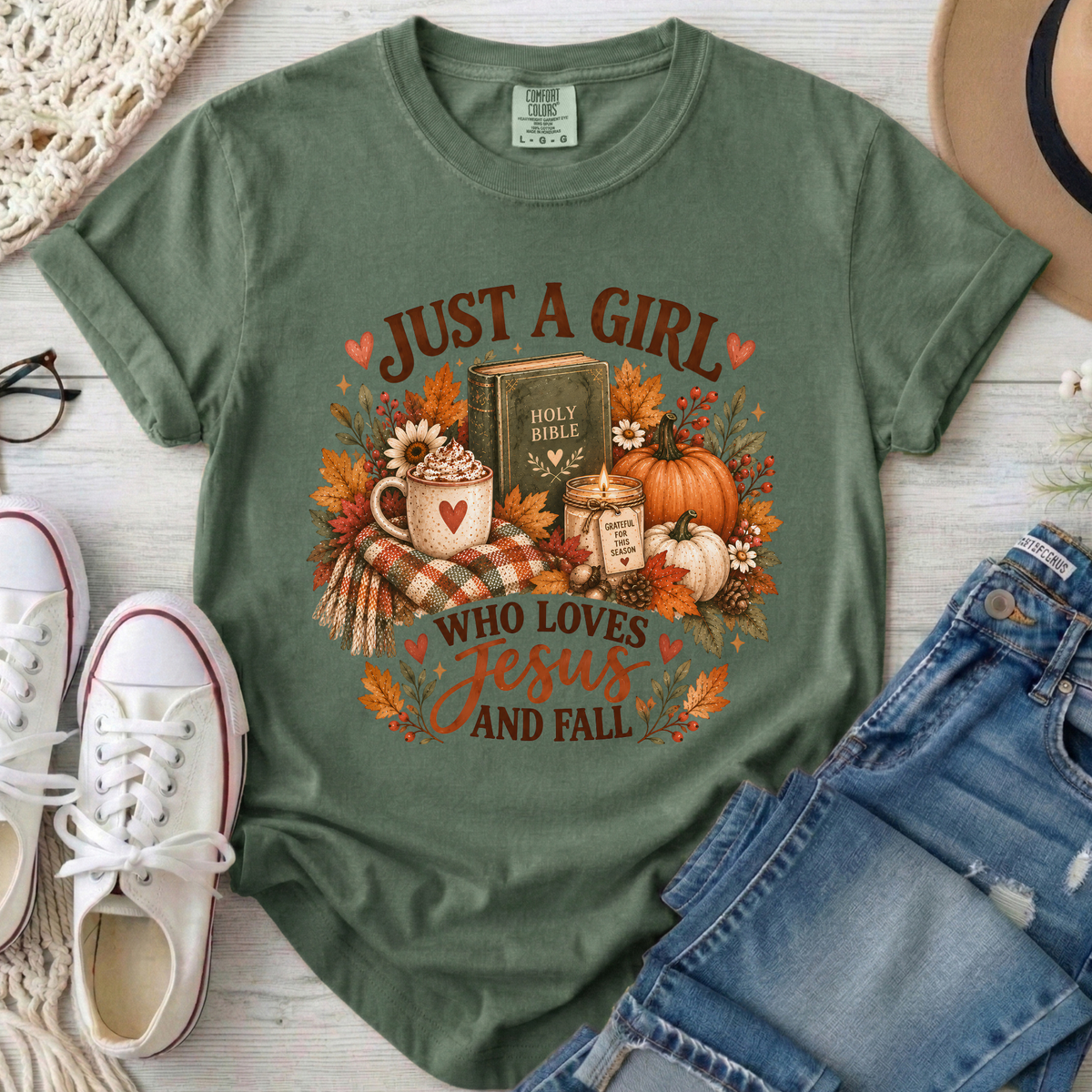 Just a Girl Who Loves Jesus and Fall Christian Comfort Colors T-Shirt in Moss
