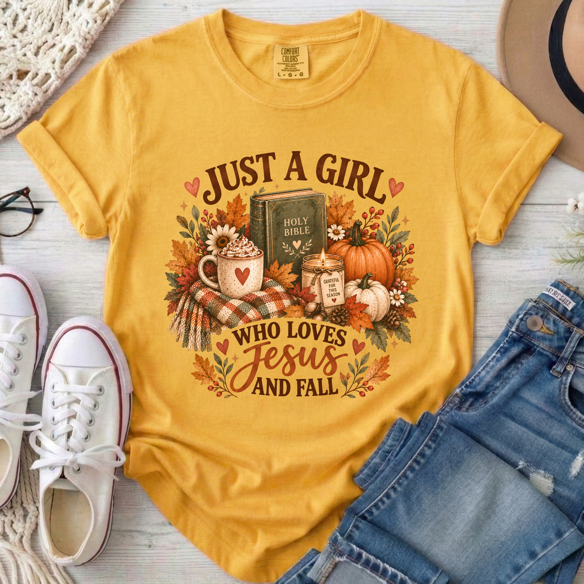 Just a Girl Who Loves Jesus and Fall Christian Comfort Colors T-Shirt in Mustard