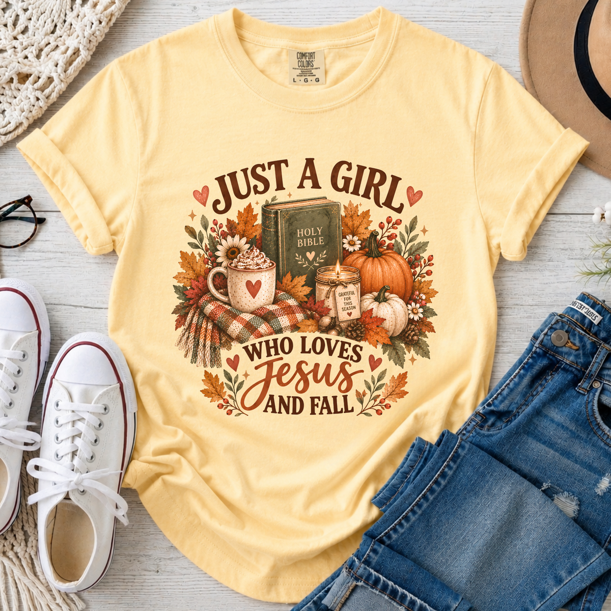 Just a Girl Who Loves Jesus and Fall Christian Comfort Colors T-Shirt in Butter
