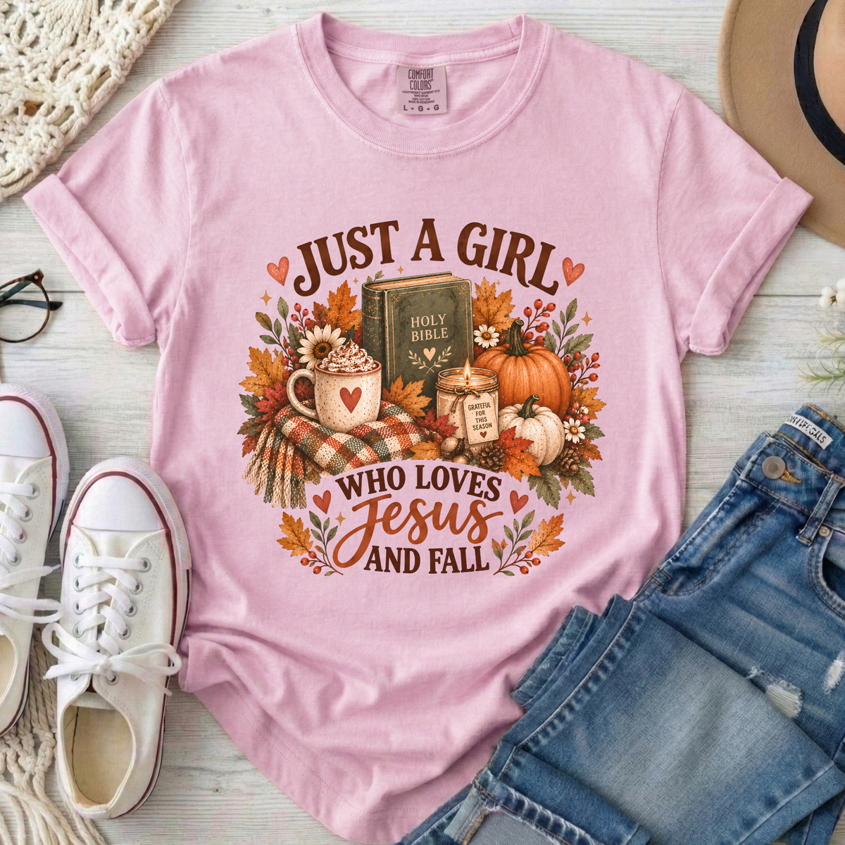 Just a Girl Who Loves Jesus and Fall Christian Comfort Colors T-Shirt in Blossom