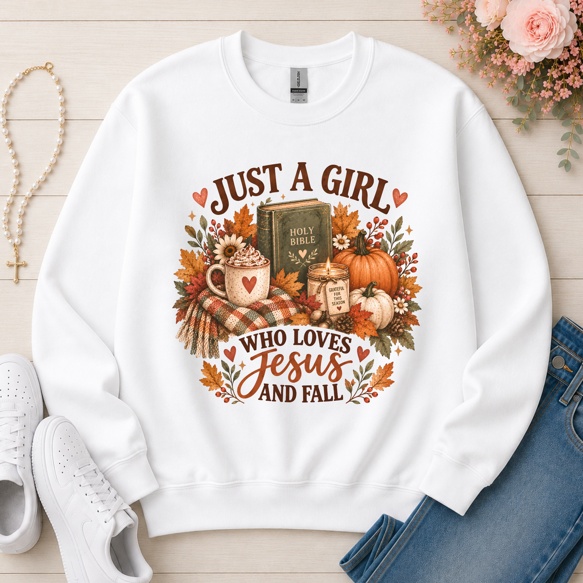Just a Girl Who Loves Jesus and Fall Christian Crewneck Sweatshirt in White