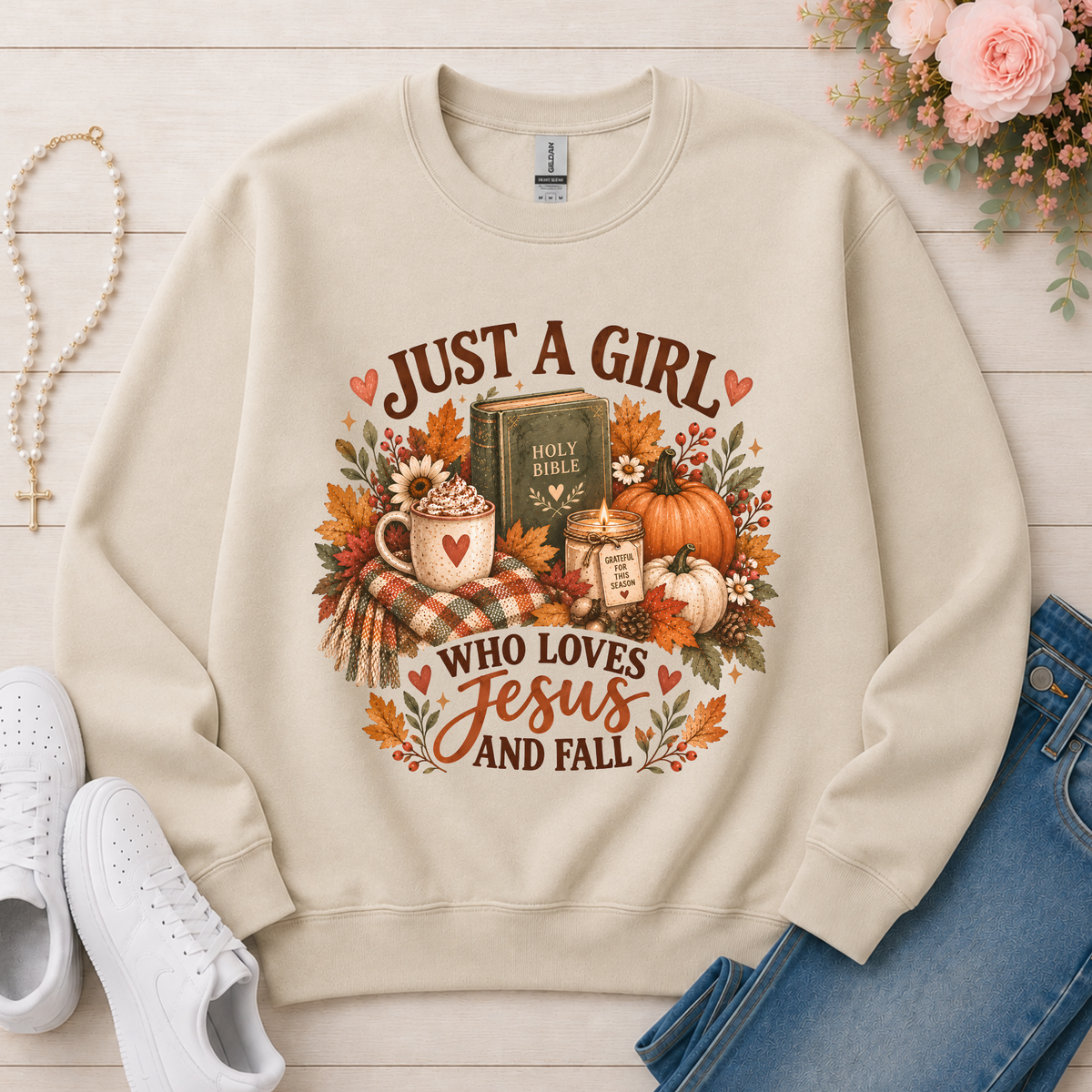 Just a Girl Who Loves Jesus and Fall Christian Crewneck Sweatshirt in Sand