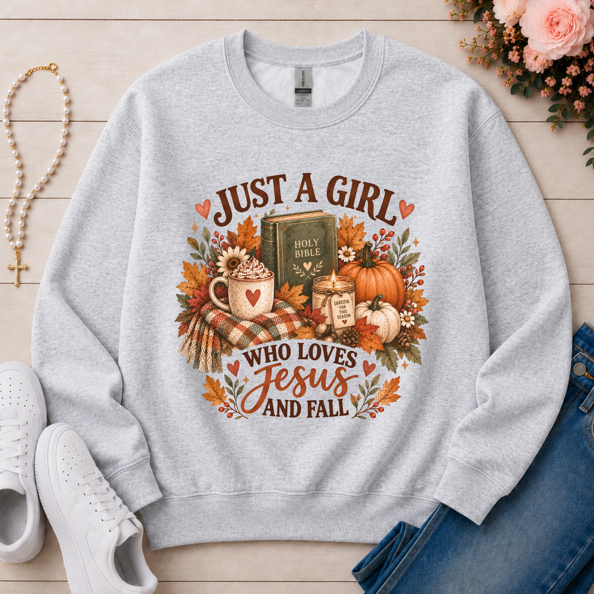 Just a Girl Who Loves Jesus and Fall Christian Crewneck Sweatshirt in Ash